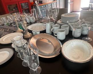 dishes, flatware, candle sticks, crystal. 12 sets of high-quality china never used! more available than what is shown here, come see for yourself!