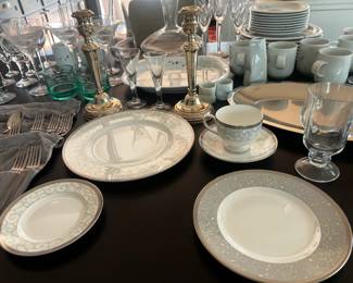 dishes, flatware, candle sticks, crystal. 12 sets of high-quality china never used! more available than what is shown here, come see for yourself!
