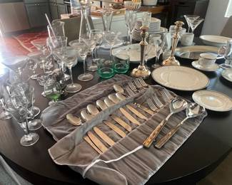dishes, flatware, candle sticks, crystal. 12 sets of high-quality china never used! more available than what is shown here, come see for yourself!
