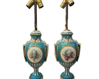 18. Pair Antique English Porcelain Urns Mounted as Lamps