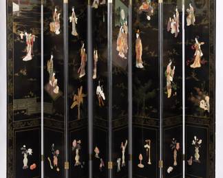 9. Black Lacquered Soft & Hard Stone Chinese 8 Panel Screen