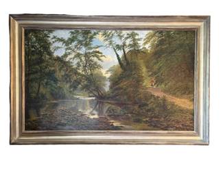 41.  Large 19th Century English oil on Canvas "Girl on Wooded Path"