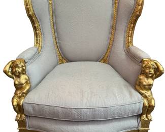 12. Antique Upholstered Chair with Gilt Gold Cherub Accents