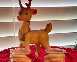 Vintage Plastic Reindeer Figure, Vintage Plastic Mini Santa Cups