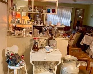 Metal Youth Chair/Kitchen Stool, Metal Typewriter Cart, Vintage Barware, Cast Iron Chicken Doorstop, Antique Milk Jug