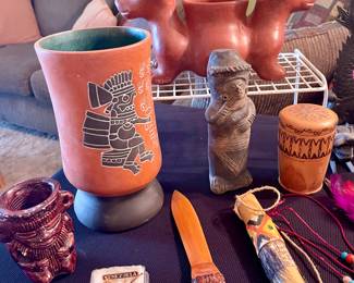 Mexican/Venezuelan Pottery, Carved Wood Letter Opener, Mexican Two-headed Dog Planter