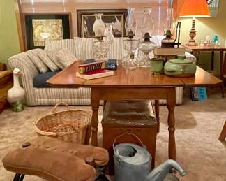 Antique Drop-leaf Table, Vintage Camel Saddle, Oil Lamps, Frankoma, Dominoes 