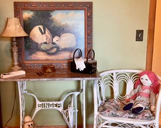 Antique Singer Sewing Table With Marble Top, Retro Bamboo Chair