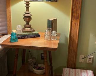 Antique Oak Accent Table, Brass Lamp, Antique Insulators