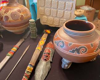 Carved Wood Spears, Armando de Mexico Terra Cotta Pottery, Aztec Mayan Glyph Tile