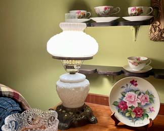 Fenton Milk Glass Poppy Gone with the Wind Style Lamp, Crystal Bowl, Cups/Saucers