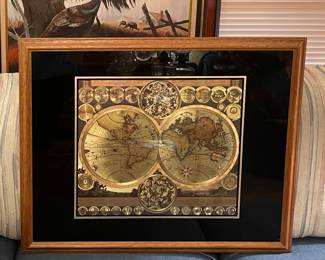 MCM Adam Friedrich Zurner Gold Foil Double Hemisphere Framed World Map