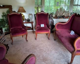 Antique mahogany settee and chairs.