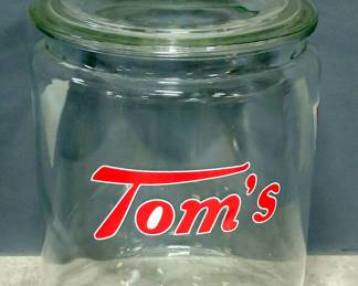 Tom's Toasted Peanuts Glass Cannister With Lid, 13" Tall x 9" Diameter