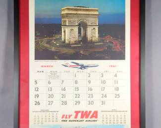 Trans World America, March 1961 Calendar, With Picture Of France: Arc de Triomphe at Dusk, Paris, In Matted Frame, 27.5" X 21.5"