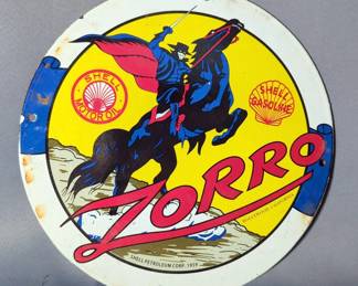 Shell Gasoline-Motor Oil Metal Sign With Zorro, 11.75" Round