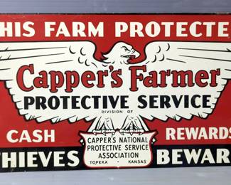 Vintage Cappers Farmer Protective Services Metal Sign, 13.75" X 8"