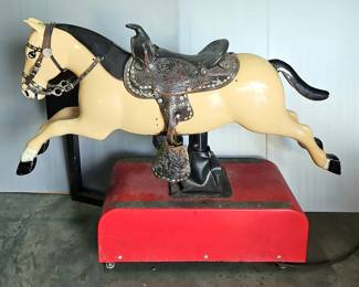 Thunderbird 25c Coin Operated Kiddie Pony Ride, Leather Stirrups And Saddle, 45" X 58" X 24"