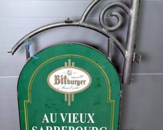 Bitburger Est 1847 Store Sign On Scrolled Metal Arm, 49" X 35"