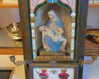 ANTIQUE WOODEN AND COMPOSITION HAND PAINTED PRAYER BOX.