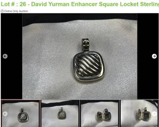 Lot # : 26 - David Yurman Enhancer Square Locket Sterling 
Locket enhancer clips over necklace, is 1 1/4" long and combined total weight is 16.2 grams of sterling silver and 18K gold. One side is all sterling , other side is accented with 18k yellow gold. Marked David Yurman 925 750.
