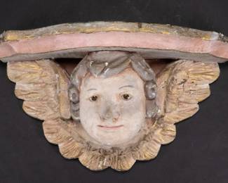 ANTIQUE ITALIAN POLYCHROPME HAND CARVED WOOD ANGEL PUTTI WALL SHELF SCULPTURE