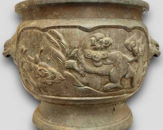 ANTIQUE CHINESE BRONZE FOO DOG JARDINIERE VESSEL POT