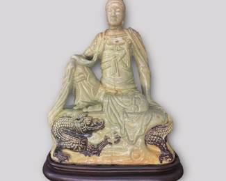 RARE CHINESE KWAN YIN SEATED STATUE ON FITTED STAND