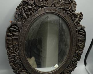 19c CHINESE HAND CARVED WOOD MIRROR