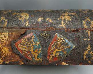 ANTIQUE SPANISH LEATHER PAINTED LION SHIELD TRUNK DOCUMENT BOX