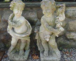 PAIR OF ANTIQUE OUTDOOR GARDEN CHERUB STONE STATUE SCULPTURE 