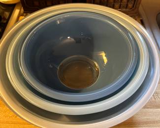 Blue Pyrex mixing bowls