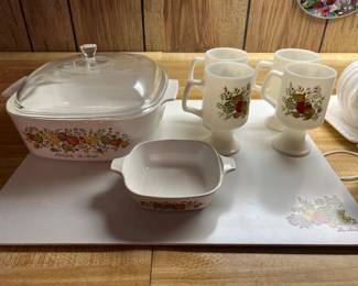 Spice of Life cutting board, casserole dish, & mugs 