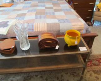 1886 Whitiker & Co "Beehive" bowl, Cherry & walnut designer jewelry box, and a fine crystal vase