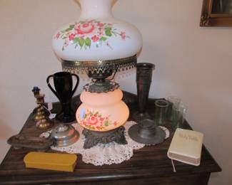 Parlor Lamp, Fenton black vase, Depression 3pc Vaseline glasses, 