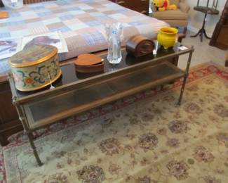 Vintage metal table w/ smoked glass and caned insert