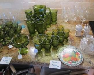 Vintage 70s Indiana Glass Co. Green glassware, pitcher, and candy dish