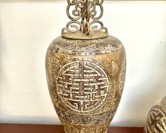 Striking pair of oriental style lidded jars