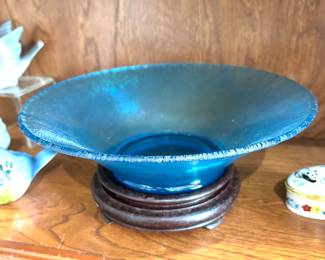 Blue stretch glass bowl