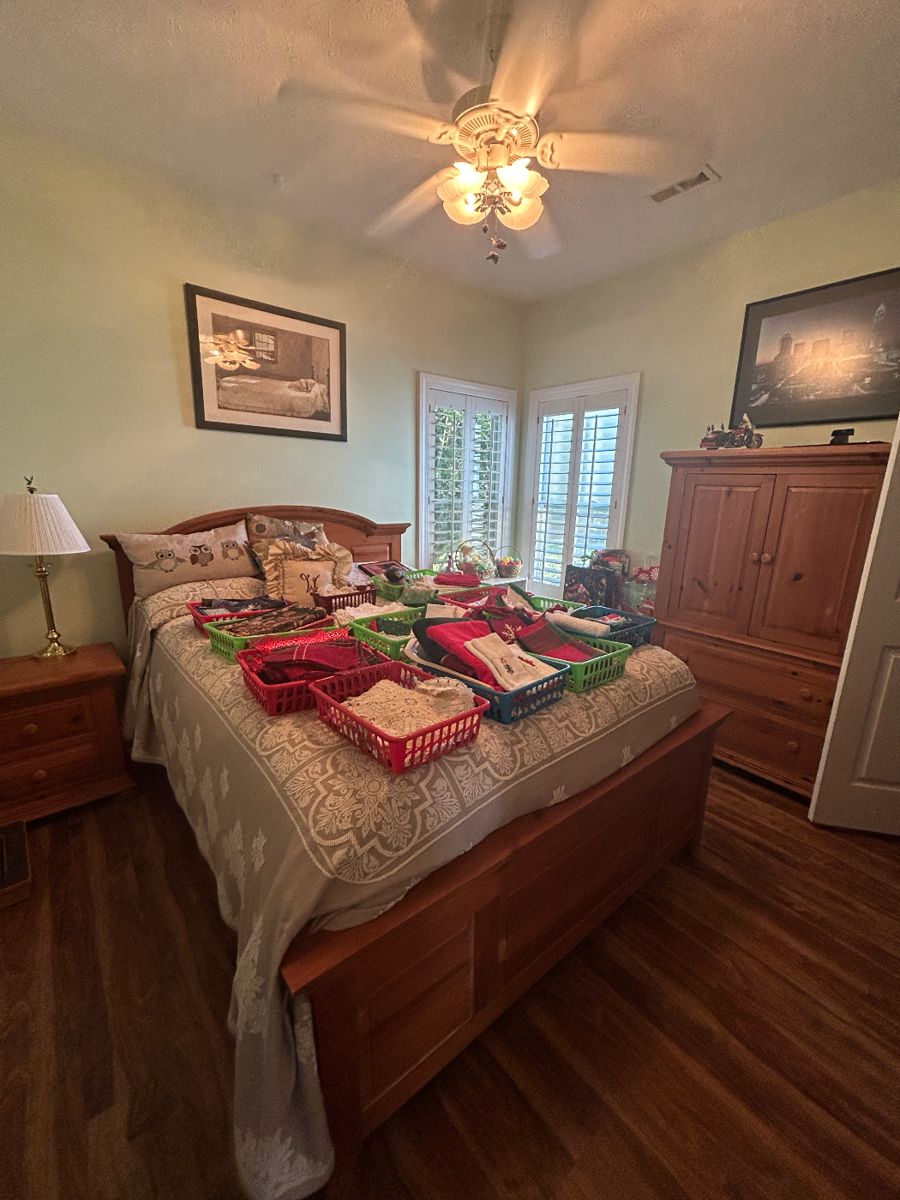 Broyhill pine queen bed, nightstand, armoire $300 for the set - nice Queen mattress $150
Loads of table linens - $8-$15 in groups, etc