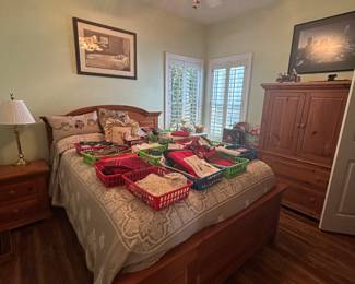 Broyhill pine queen bed, nightstand, armoire $300 for the set - nice Queen mattress $150
Loads of table linens - $8-$15 in groups, etc