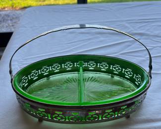 Uranium glass split dish in diver holder
