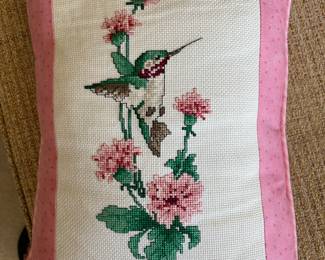 Embroidered hummingbird pillow
