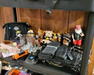 Harley Davidson memorabilia, leather gloves, stuff