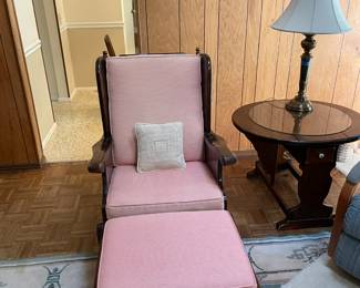 Mid century chair and ottoman reupholstered circa 2000. Table, lamp, and pillow shown are also for sale.