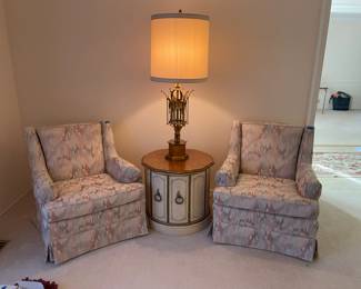 Chairs sold separately or as a pair. Table lamp and round table.