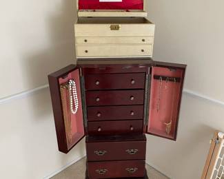 Tall and shelf-top jewelry storage. Costume jewelry available indiv. or as lot. Pierced and clip earrings, necklaces, pins, & bracelets. Dog gates also available.