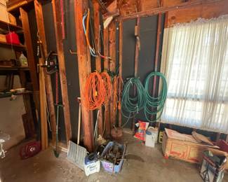 Lawn tools, hoses, and misc. "garage stuff".
