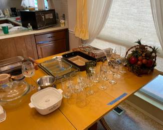 Bakeware, Pyrex, glasses, serving plates, table decorations, etc.