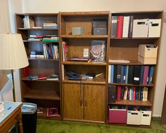 3-piece bookshelf and storage space. Also selling binders, books, standing lamp, file cabinet, and other office supplies. Paper shredder also available.